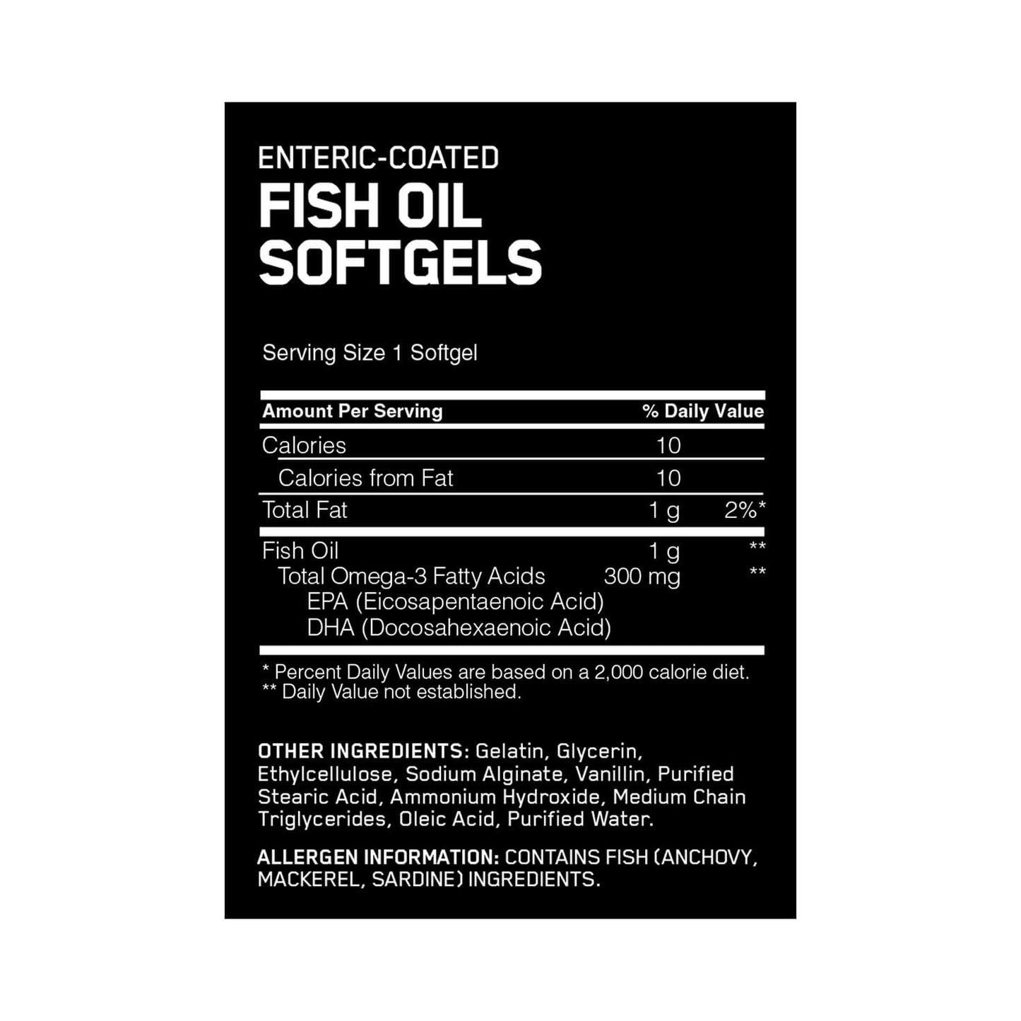 Optimum Nutrition Enteric Coated Fish Oil 300 MG 200 Softgels Supplement Information