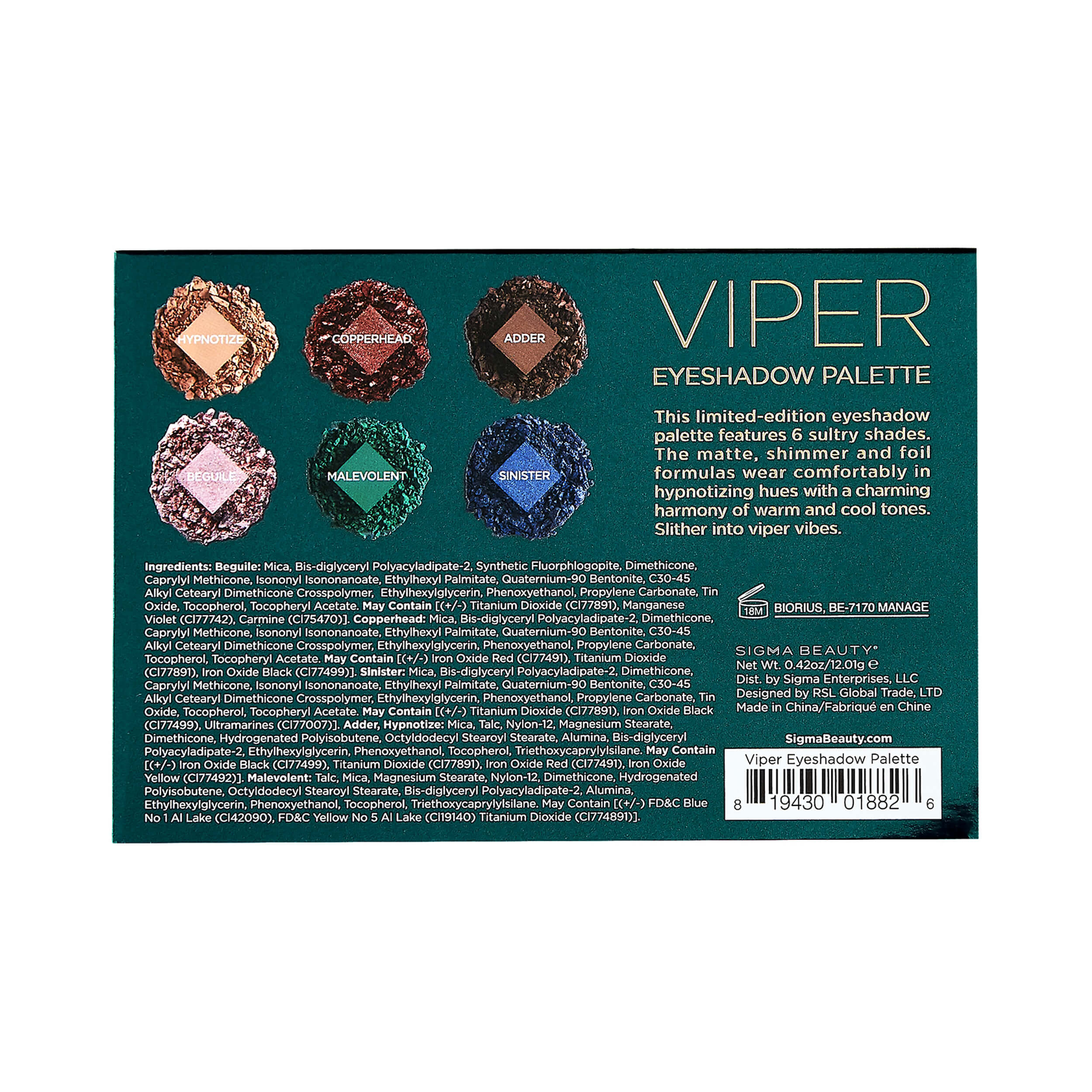 Sigma Beauty Viper Eyeshadow Palette Back