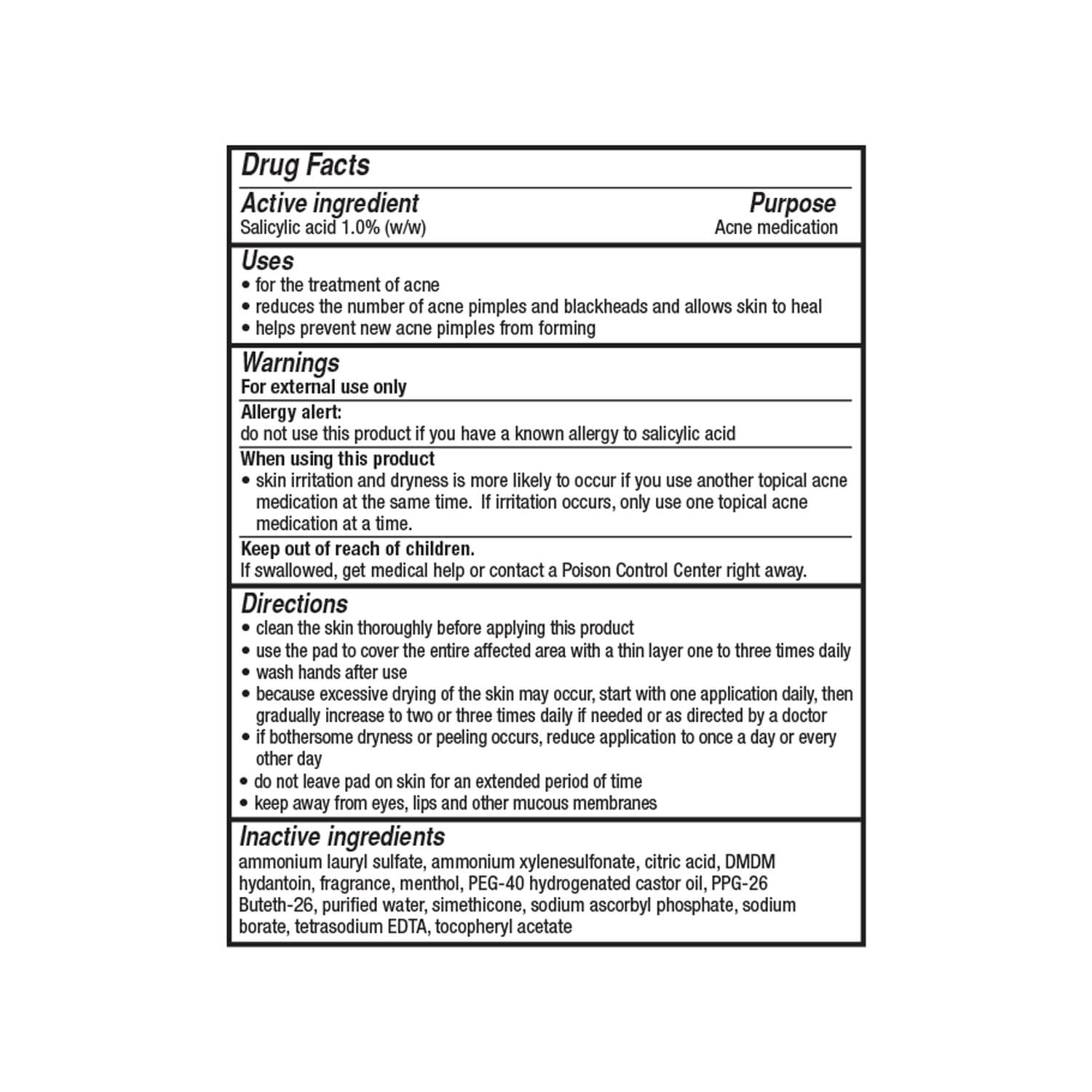 Stridex Strength Medicated Pads Essential 55 Count Drug Facts