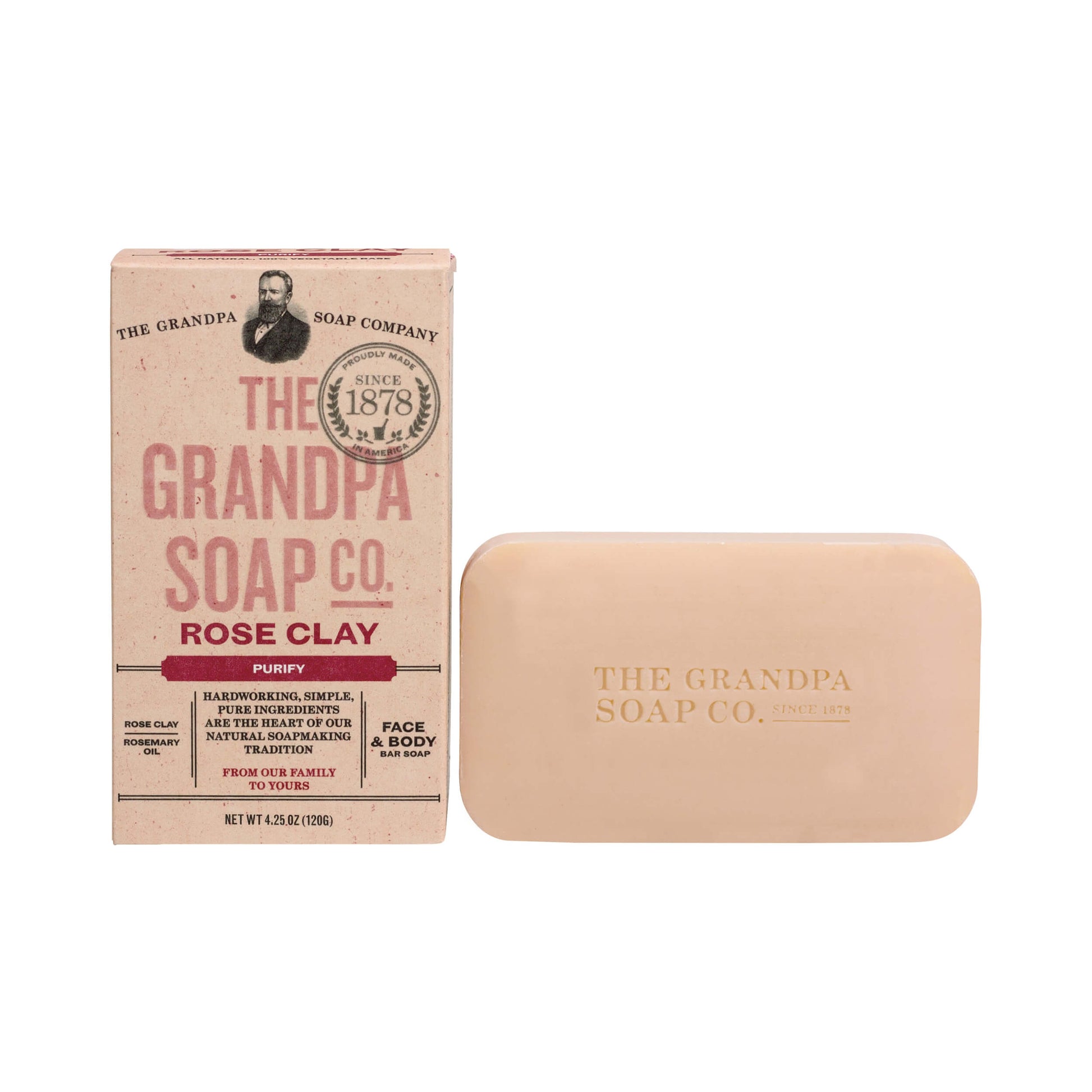 The Grandpa Soap Co Rose Clay Bar Soap Purify 4.25 oz (120g)